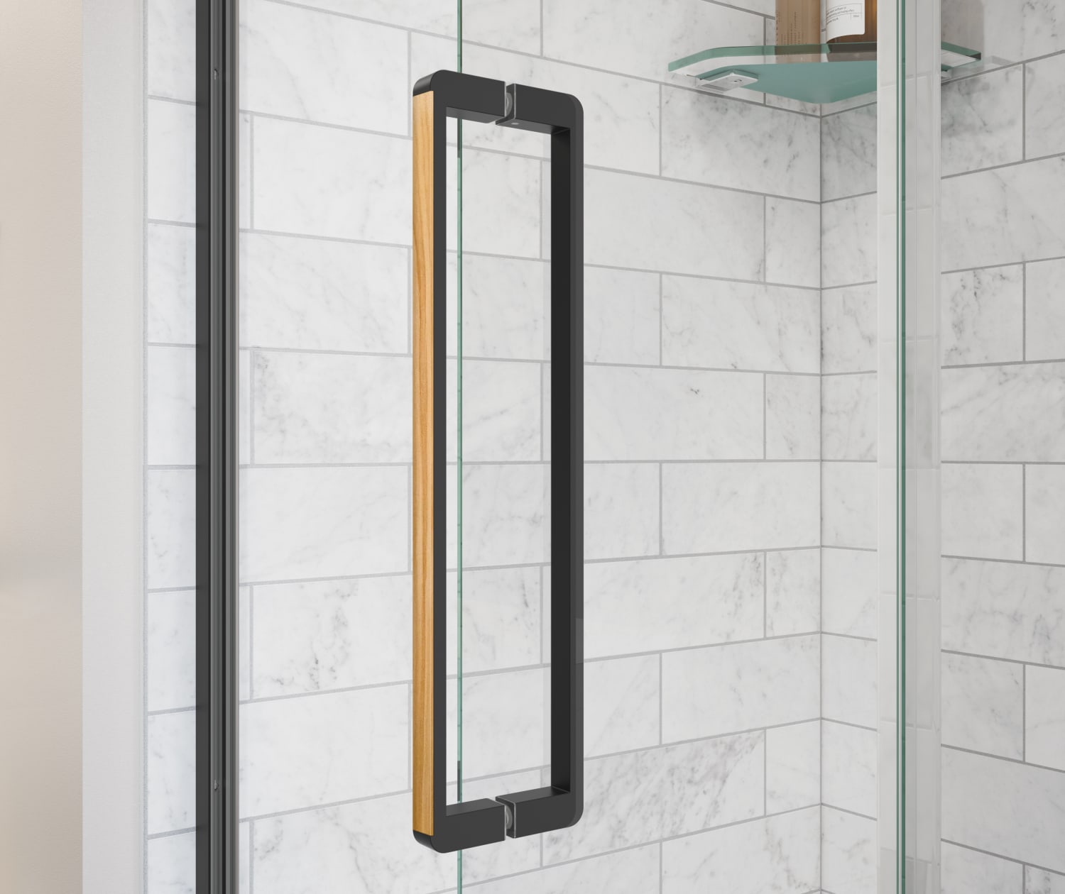 Uptown 57-59 x 76 in. 8 mm Pivot Shower Door for Alcove Installation with Clear glass in Matte Black & Wood - Plumbing Market