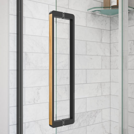 Uptown 57-59 x 76 in. 8 mm Pivot Shower Door for Alcove Installation with Clear glass in Matte Black & Wood - Plumbing Market
