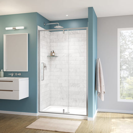 Uptown 45-47 x 76 in. 8 mm Pivot Shower Door for Alcove Installation with Clear glass in Chrome & White Marble - Plumbing Market