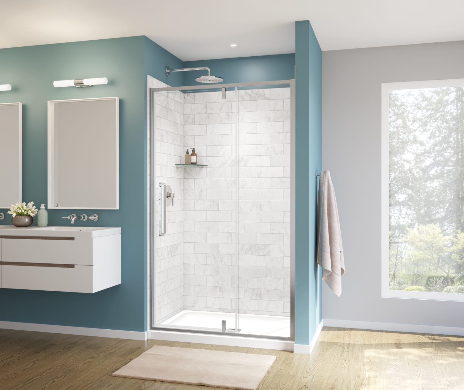 Uptown 45-47 x 76 in. 8 mm Pivot Shower Door for Alcove Installation with Clear glass in Chrome & White Marble - Plumbing Market