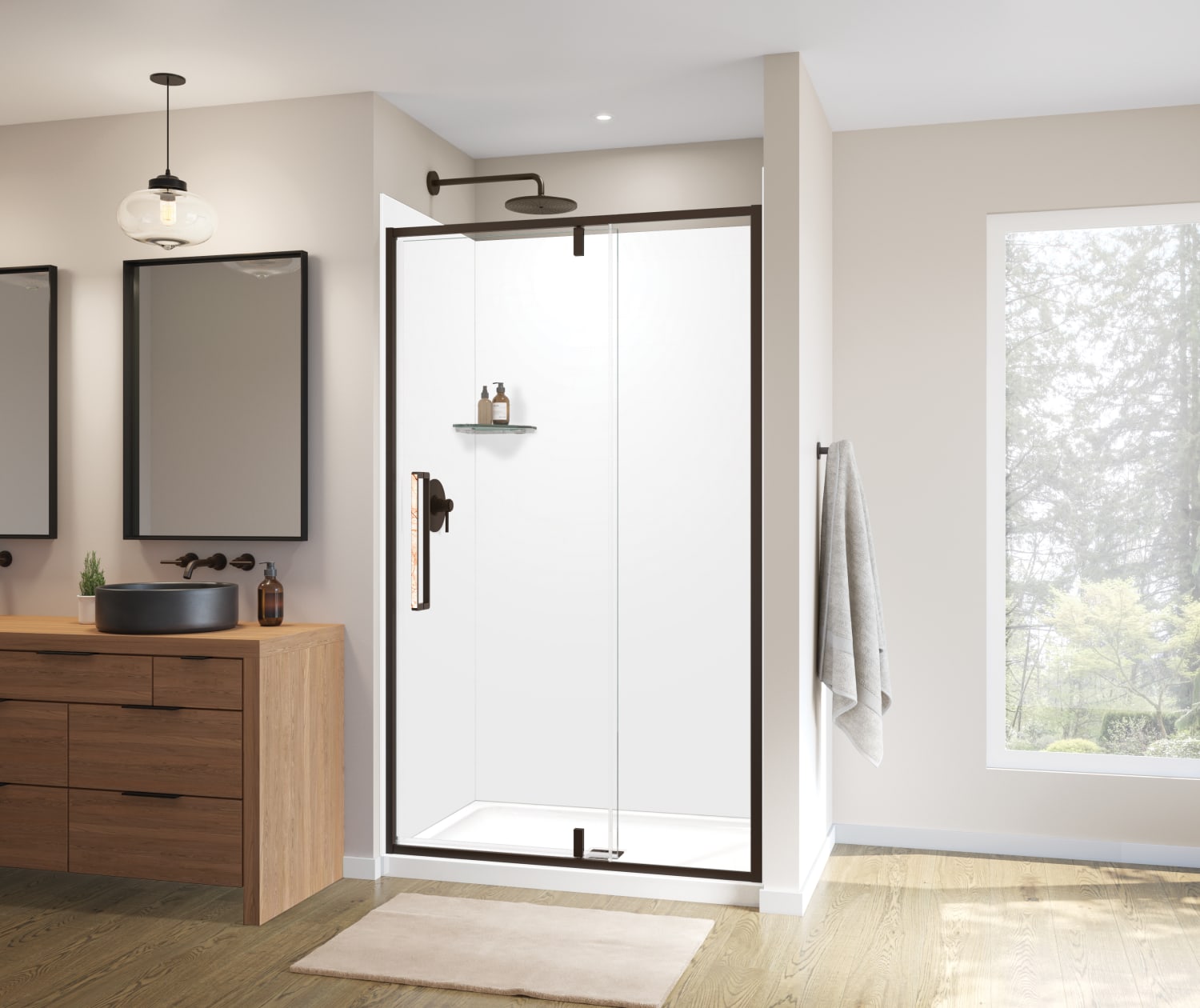 Uptown 45-47 x 76 in. 8 mm Pivot Shower Door for Alcove Installation with Clear glass in Dark Bronze & Beige Marble - Plumbing Market