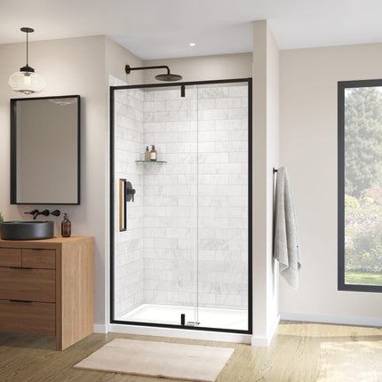 Uptown 45-47 x 76 in. 8 mm Pivot Shower Door for Alcove Installation with Clear glass in Matte Black & Wood - Plumbing Market
