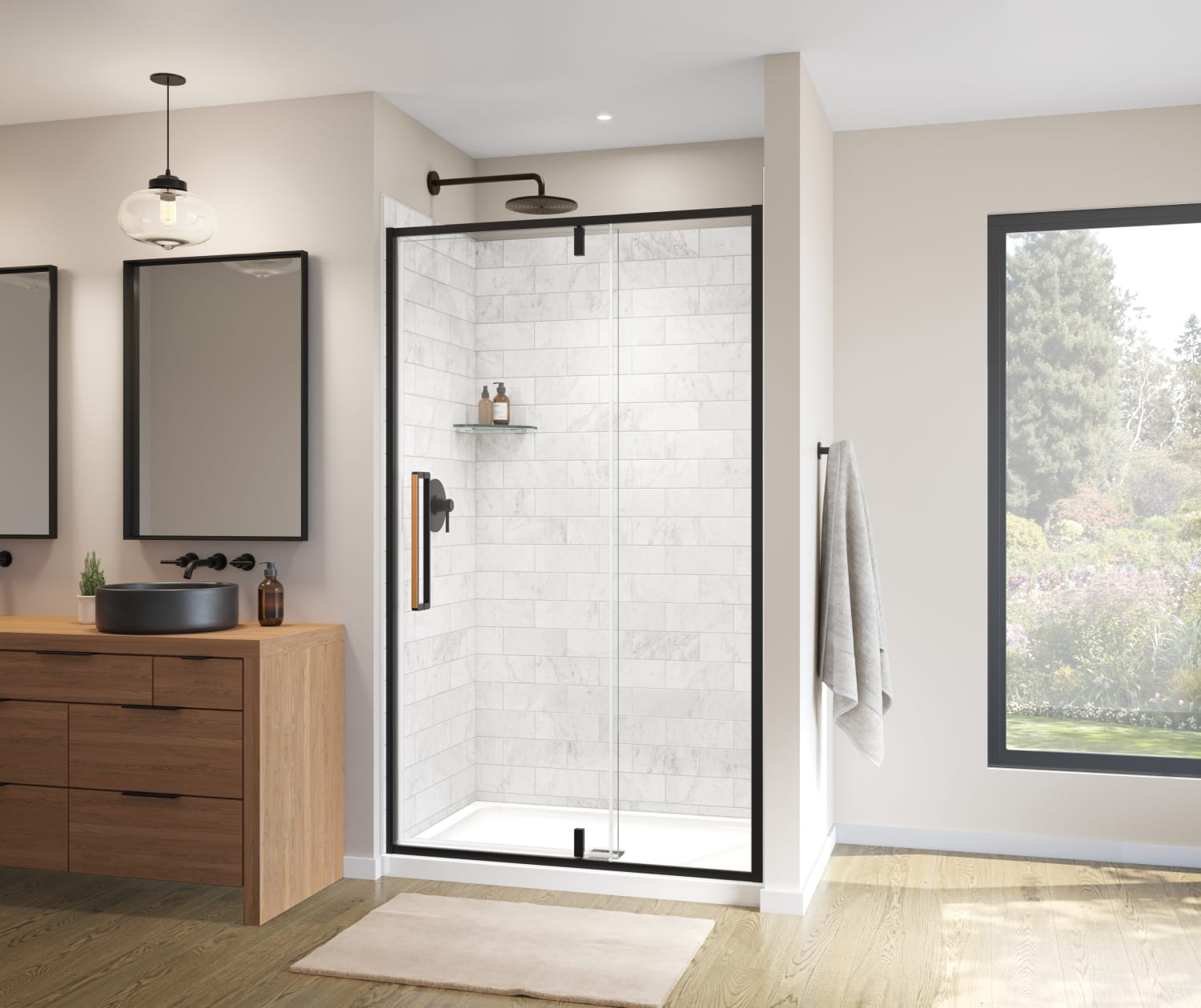 Uptown 45-47 x 76 in. 8 mm Pivot Shower Door for Alcove Installation with Clear glass in Matte Black & Wood - Plumbing Market
