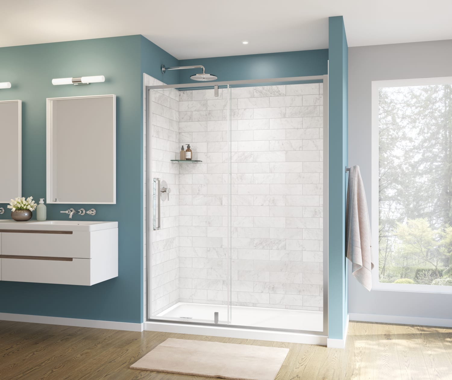 Uptown 57-59 x 76 in. 8 mm Pivot Shower Door for Alcove Installation with Clear glass in Chrome & White Marble - Plumbing Market