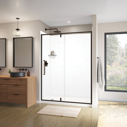 Uptown 57-59 x 76 in. 8 mm Pivot Shower Door for Alcove Installation with Clear glass in Dark Bronze & Beige Marble - Plumbing Market