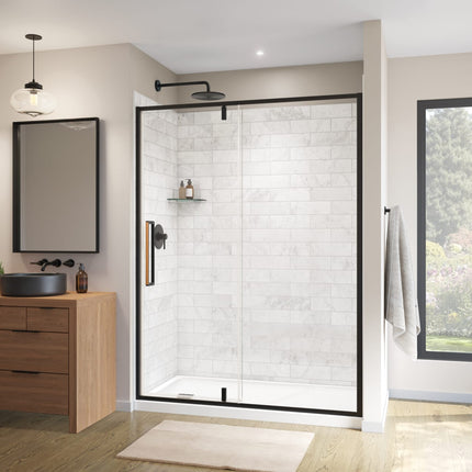 Uptown 57-59 x 76 in. 8 mm Pivot Shower Door for Alcove Installation with Clear glass in Matte Black & Wood - Plumbing Market