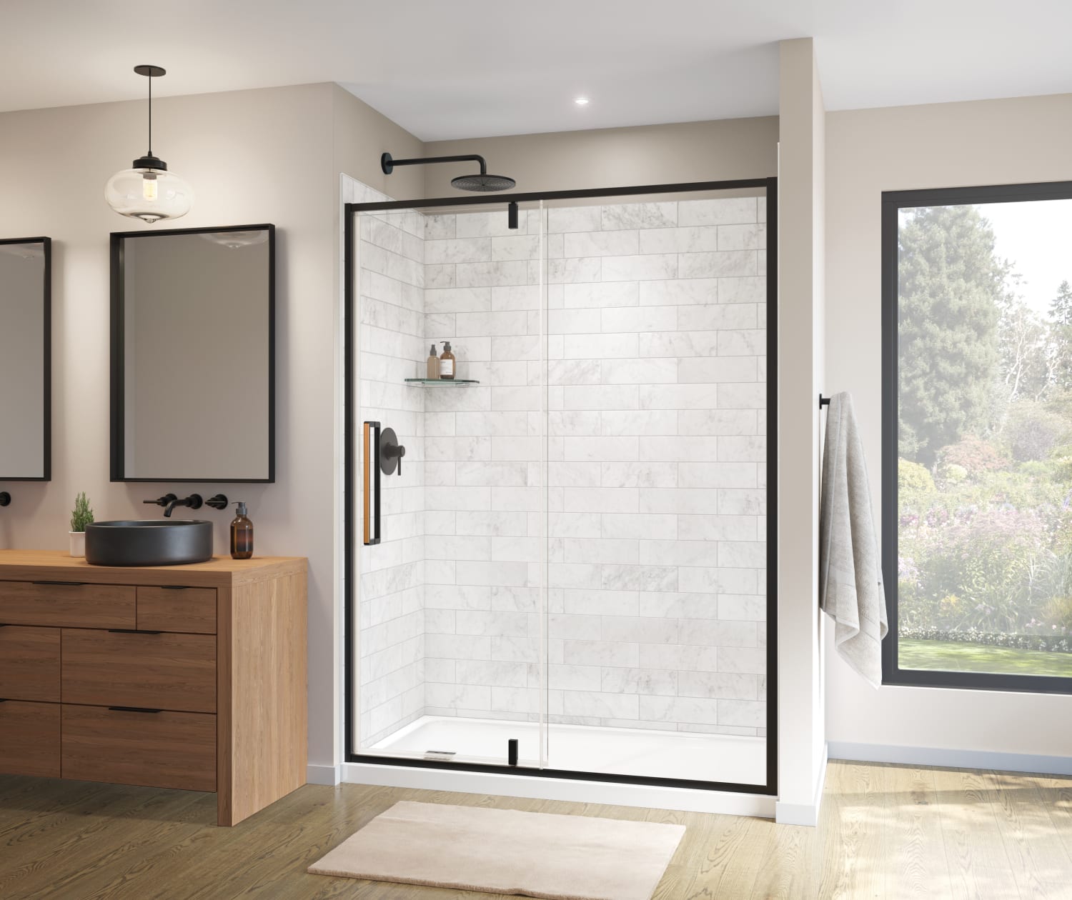 Uptown 57-59 x 76 in. 8 mm Pivot Shower Door for Alcove Installation with Clear glass in Matte Black & Wood - Plumbing Market