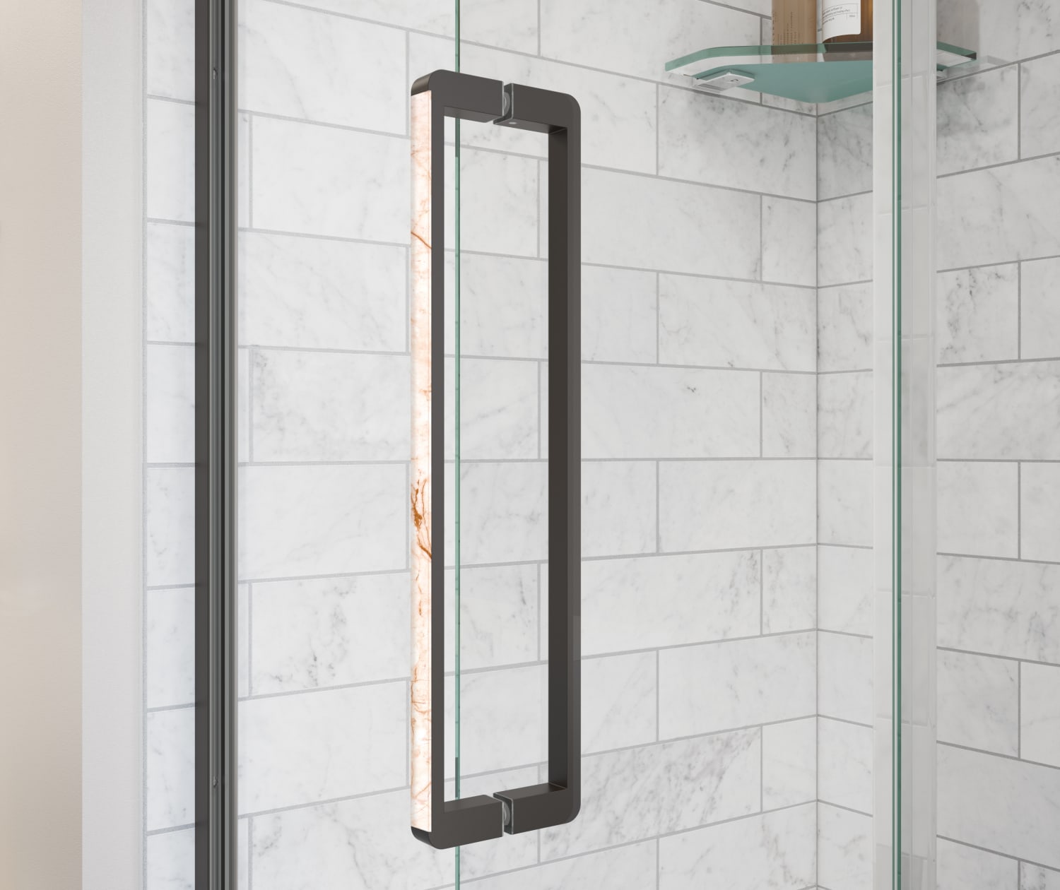 Uptown 56-59 x 76 in. 8 mm Sliding Shower Door for Alcove Installation with Clear glass in Dark Bronze & Beige Marble - Plumbing Market