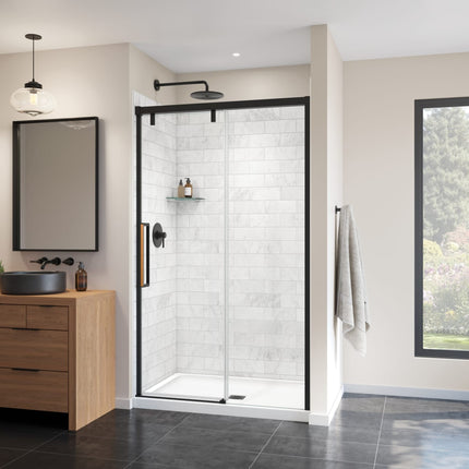 Uptown 44-47 x 76 in. 8 mm Sliding Shower Door for Alcove Installation with Clear glass in Matte Black & Wood - Plumbing Market