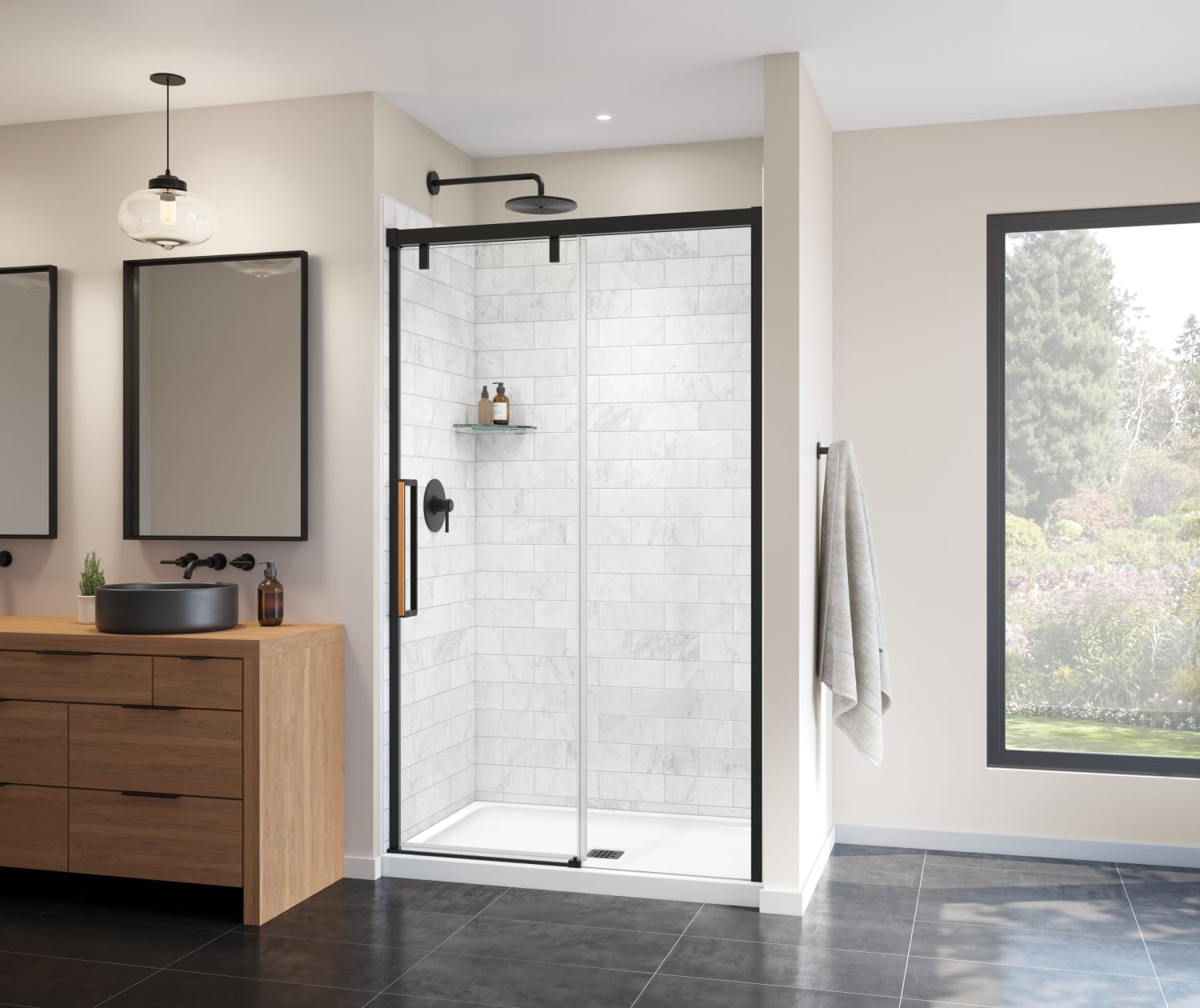 Uptown 44-47 x 76 in. 8 mm Sliding Shower Door for Alcove Installation with Clear glass in Matte Black & Wood - Plumbing Market