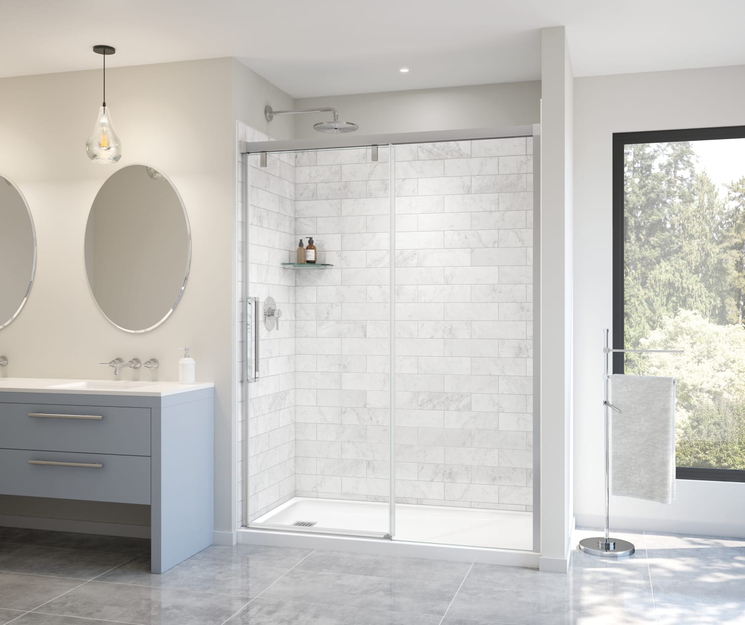 Uptown 56-59 x 76 in. 8 mm Sliding Shower Door for Alcove Installation with Clear glass in Chrome & White Marble - Plumbing Market