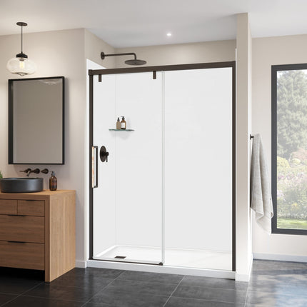 Uptown 56-59 x 76 in. 8 mm Sliding Shower Door for Alcove Installation with Clear glass in Dark Bronze & Beige Marble - Plumbing Market