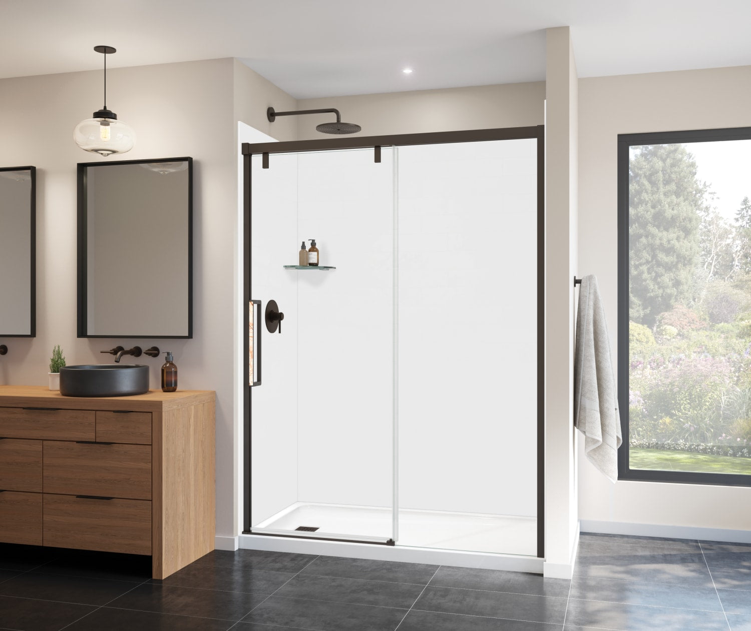 Uptown 56-59 x 76 in. 8 mm Sliding Shower Door for Alcove Installation with Clear glass in Dark Bronze & Beige Marble - Plumbing Market