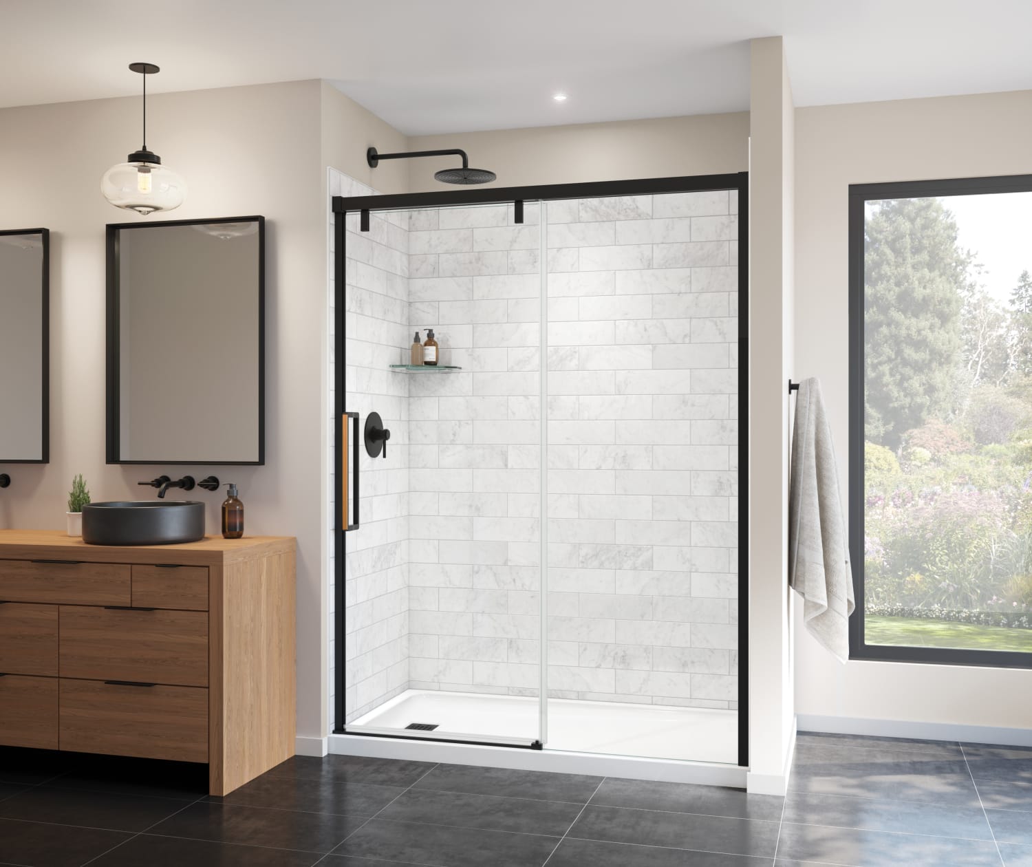 Uptown 56-59 x 76 in. 8 mm Sliding Shower Door for Alcove Installation with Clear glass in Matte Black & Wood - Plumbing Market