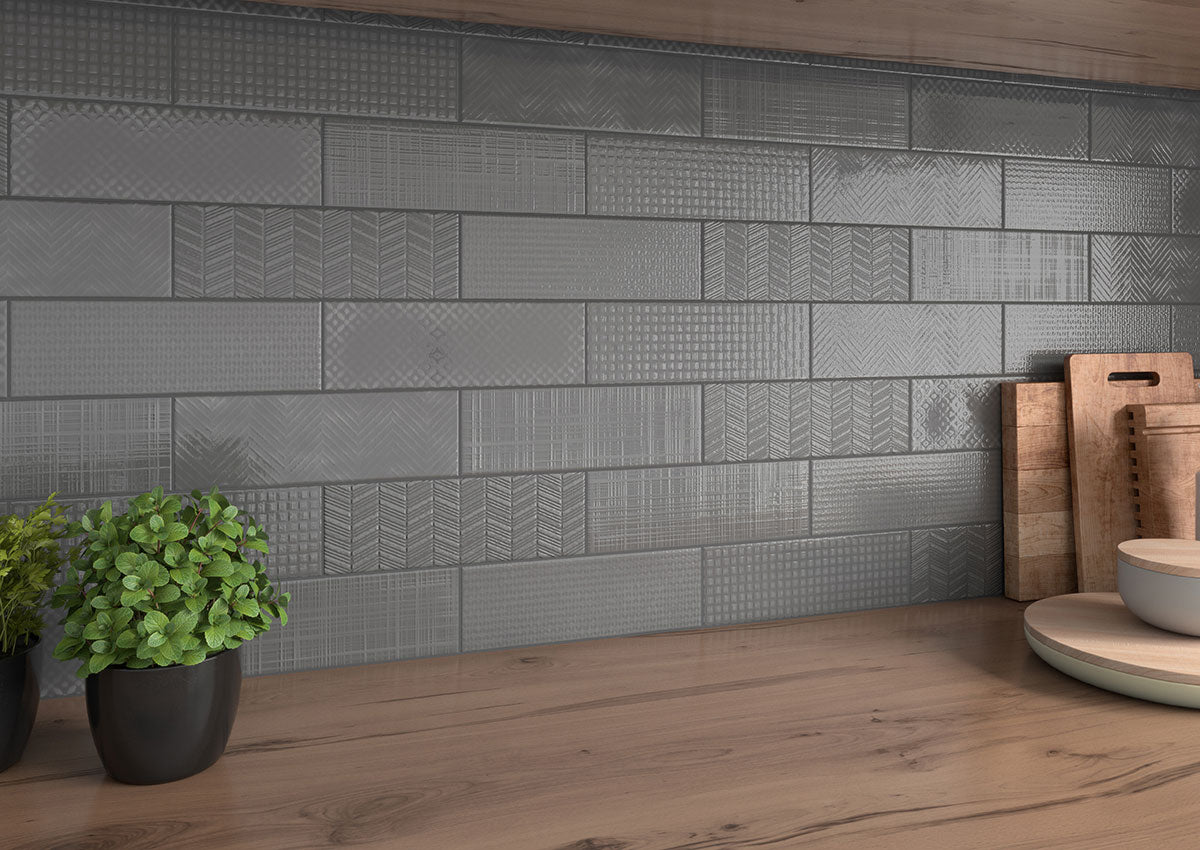 MSI Urbano Graphite 3D Mix 4 x 12 Glossy Ceramic tile (NURBGRAMIX4X12) – MSI room scene