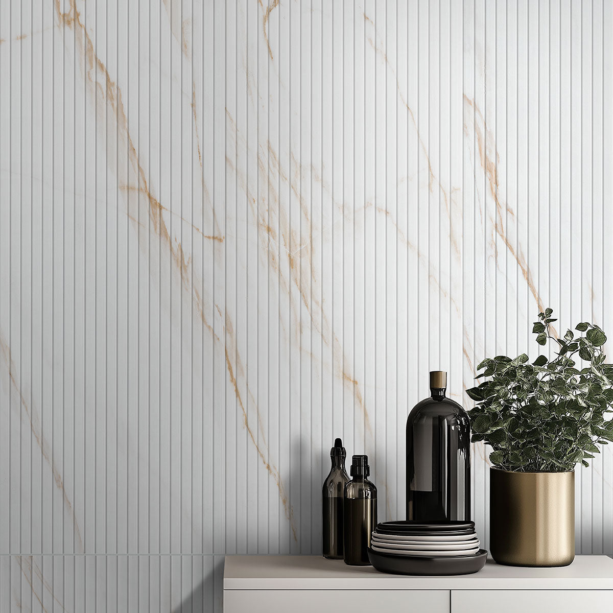 MSI Urbanslat Marmi Gold 16 x 48 Satin Ceramic tile (NURBSLAMARGOL1648) – MSI room scene (kitchen)