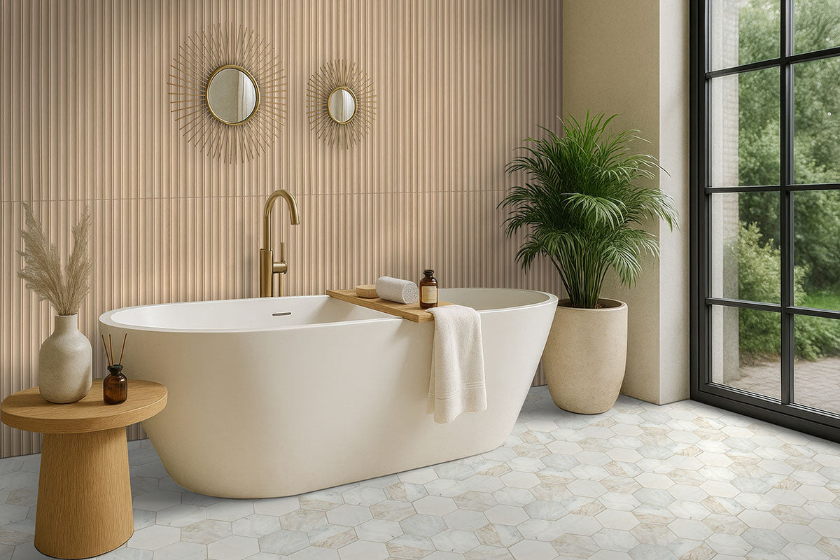 MSI Urbanslat Flute Oak 16 x 48 Matte Ceramic tile (NURBSLAOAK1648) – MSI room scene (bathroom)