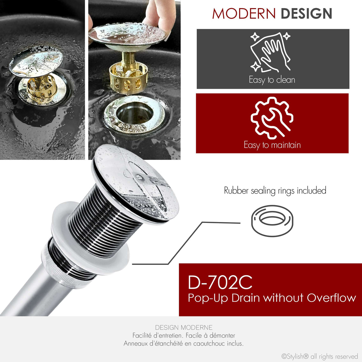 Stylish Pop-Up Bathroom Sink Drains Set Without Overflow Polished Chrome D-702C2