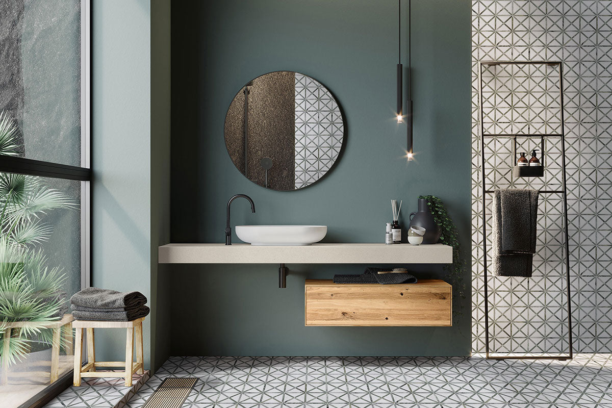 MSI Verdant Green Geometrica Pattern Polished Marble mosaic (SMOT-VERGRE-GEOP10MM) – MSI room scene