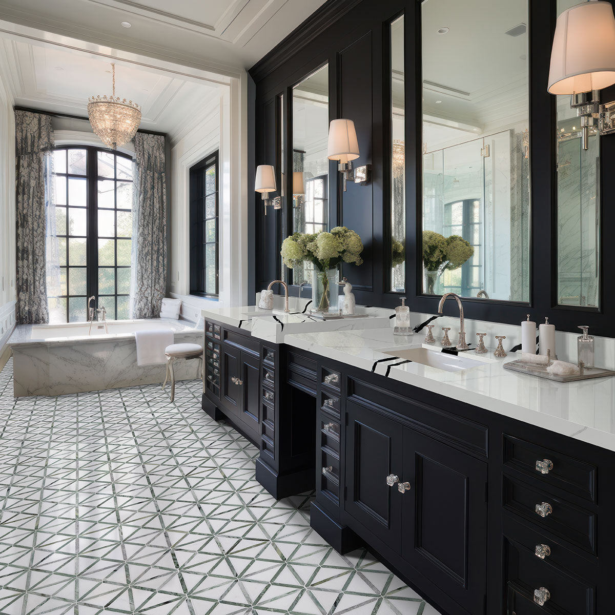 MSI Verdant Green Geometrica Pattern Polished Marble mosaic (SMOT-VERGRE-GEOP10MM) – MSI room scene (bathroom)