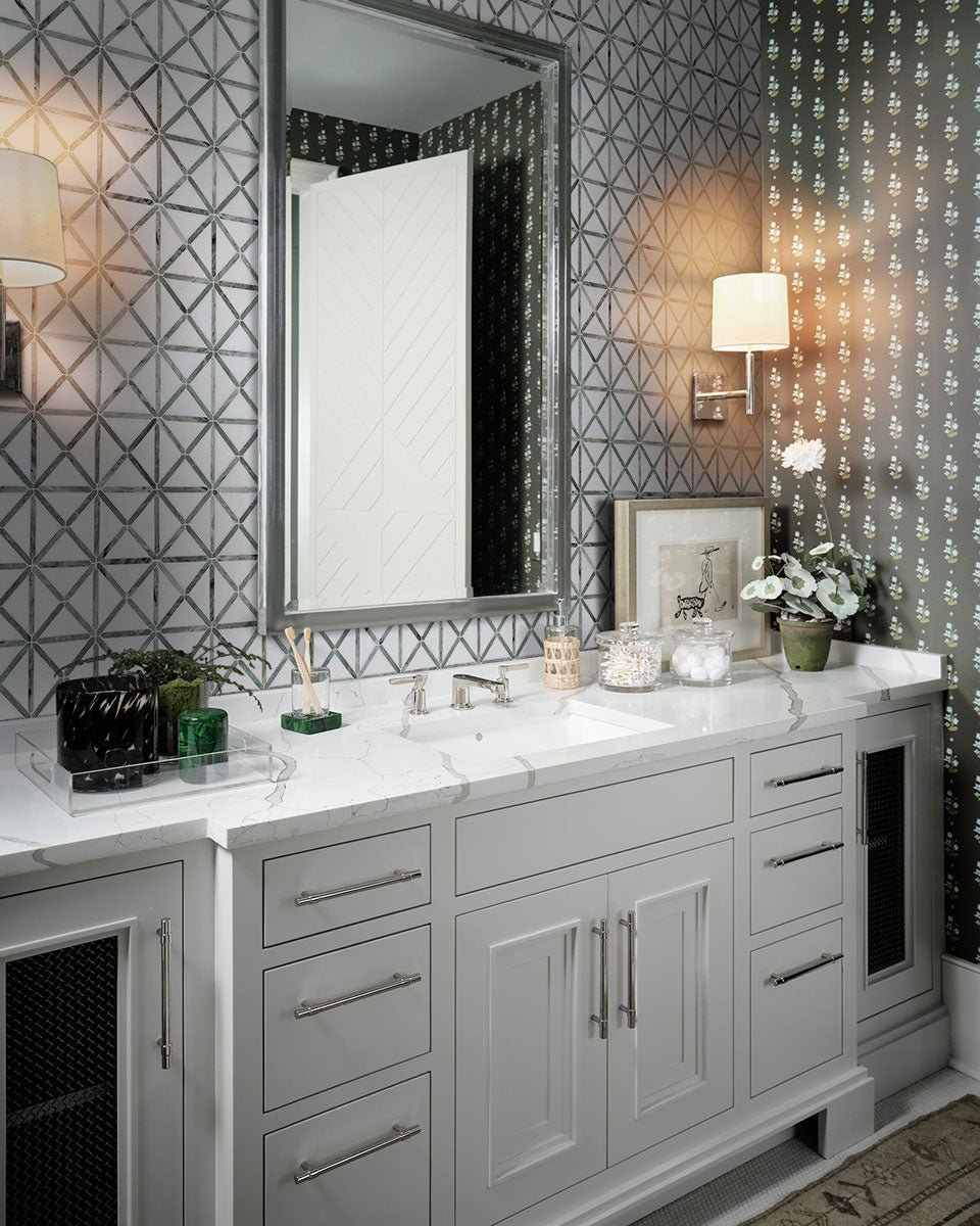 MSI Verdant Green Geometrica Pattern Polished Marble mosaic (SMOT-VERGRE-GEOP10MM) – MSI room scene