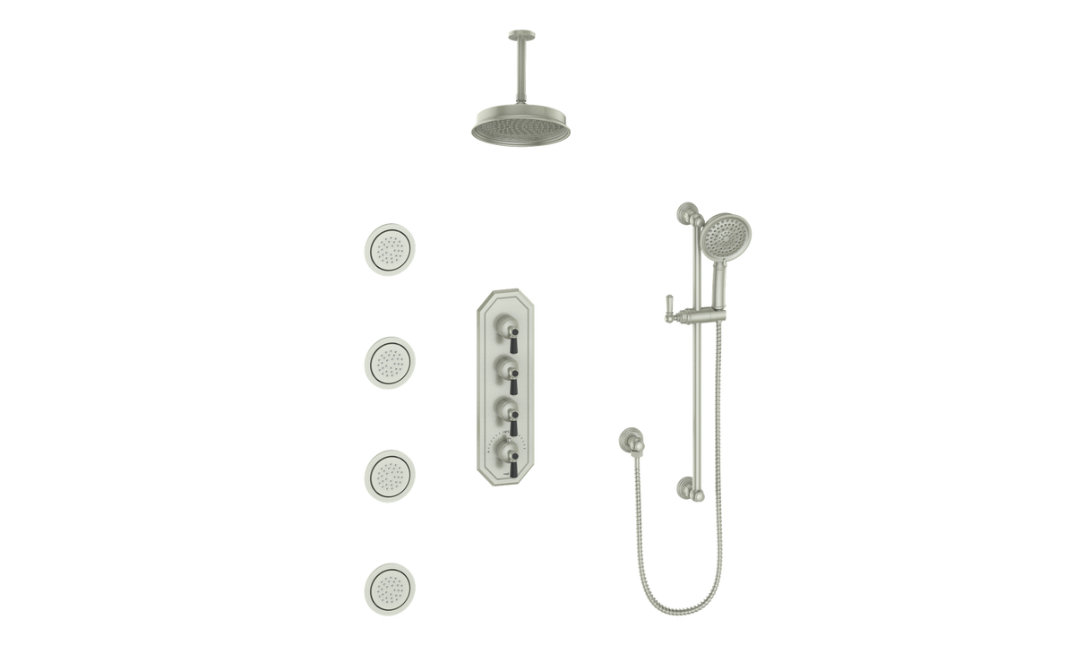 Vogt Carinthia 3/4" High-Flow TH Shower Kit with Body Jets and 6" Ceiling Arm - Octagonal Handle (C2) / Brushed Nickel/Matte Black