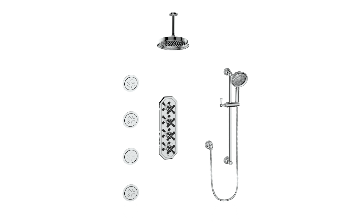 Vogt Carinthia 3/4" High-Flow TH Shower Kit with Body Jets and 6" Ceiling Arm - Cross Handle (C3) / Chrome/Matte Black