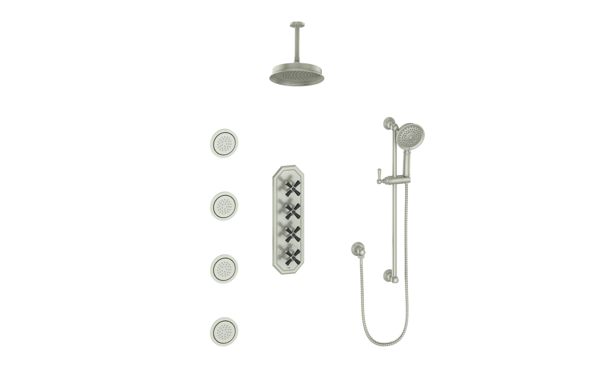 Vogt Carinthia 3/4" High-Flow TH Shower Kit with Body Jets and 6" Ceiling Arm - Cross Handle (C3) / Brushed Nickel/Matte Black