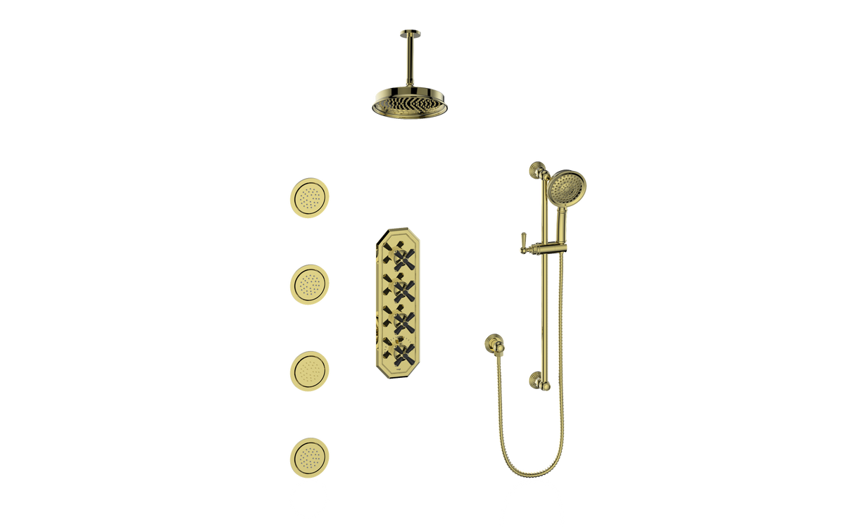 Vogt Carinthia 3/4" High-Flow TH Shower Kit with Body Jets and 6" Ceiling Arm - Cross Handle (C3) / Brushed Gold/Matte Black