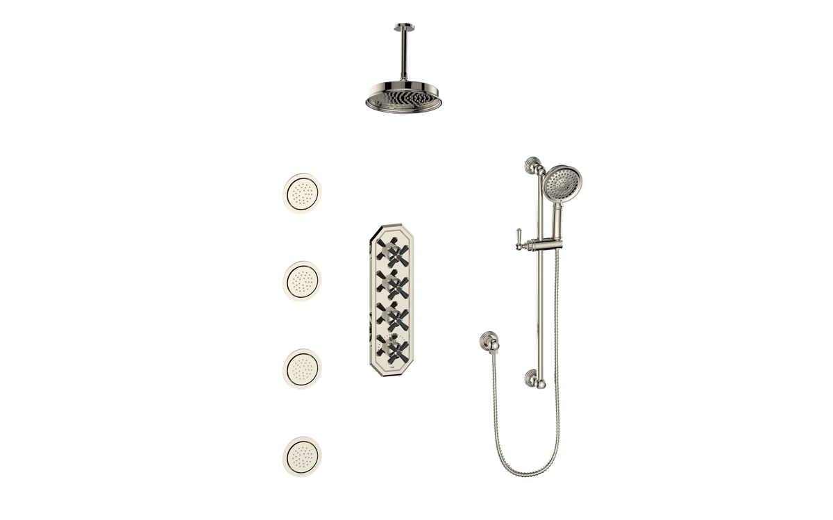 Vogt Carinthia 3/4" High-Flow TH Shower Kit with Body Jets and 6" Ceiling Arm - Cross Handle (C3) / Polished Nickel/Matte Black