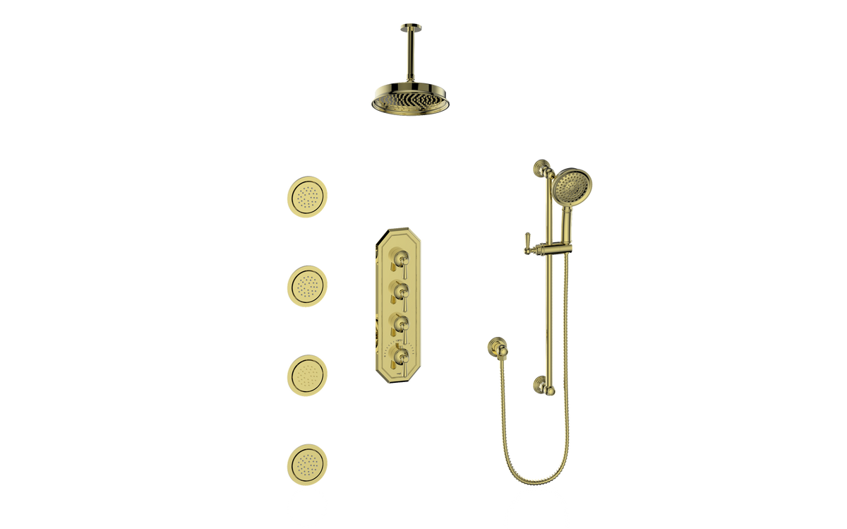 Vogt Carinthia 3/4" High-Flow TH Shower Kit with Body Jets and 6" Ceiling Arm - Lever Handle (C1) / Brushed Gold