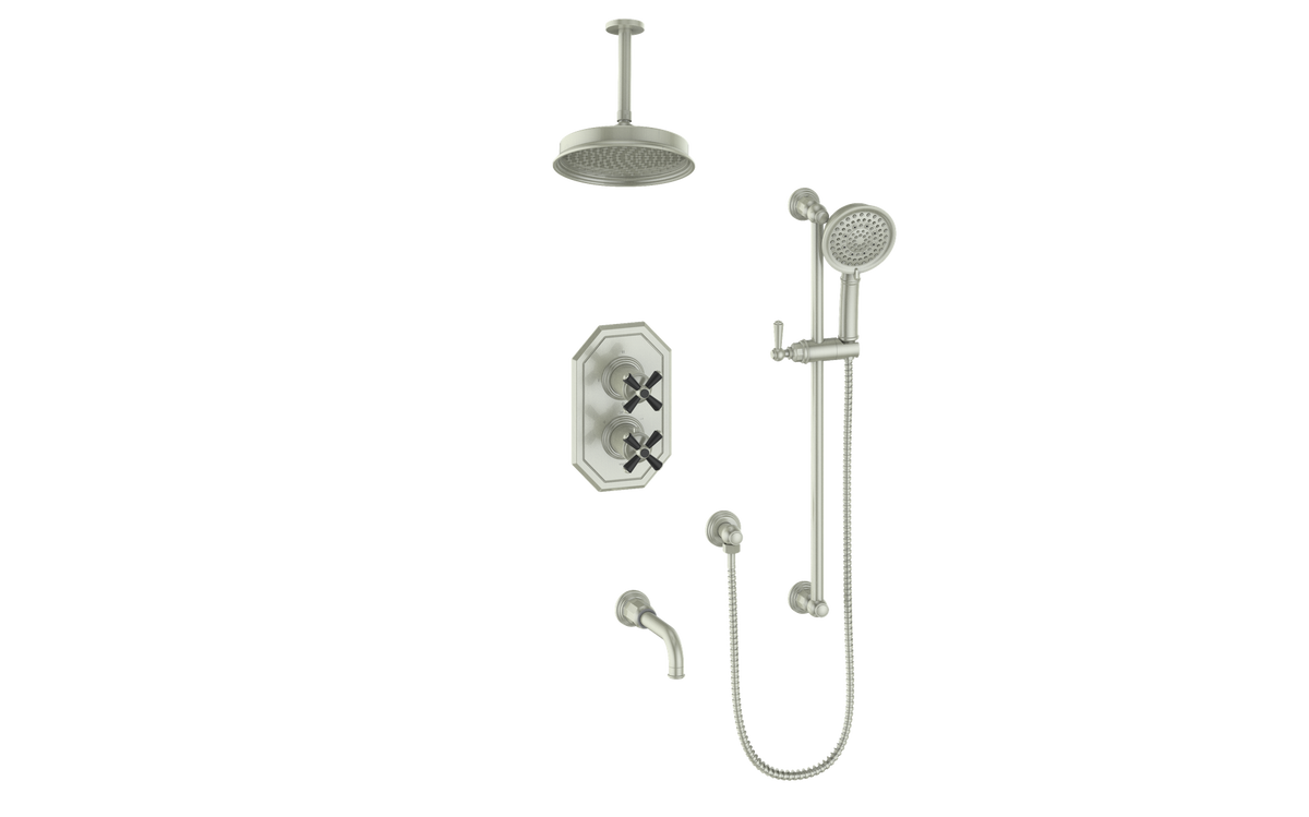 Vogt Carinthia 3-Way TH Shower Kit with 6" Ceiling Arm - Cross Handle (C3) / Brushed Nickel/Matte Black
