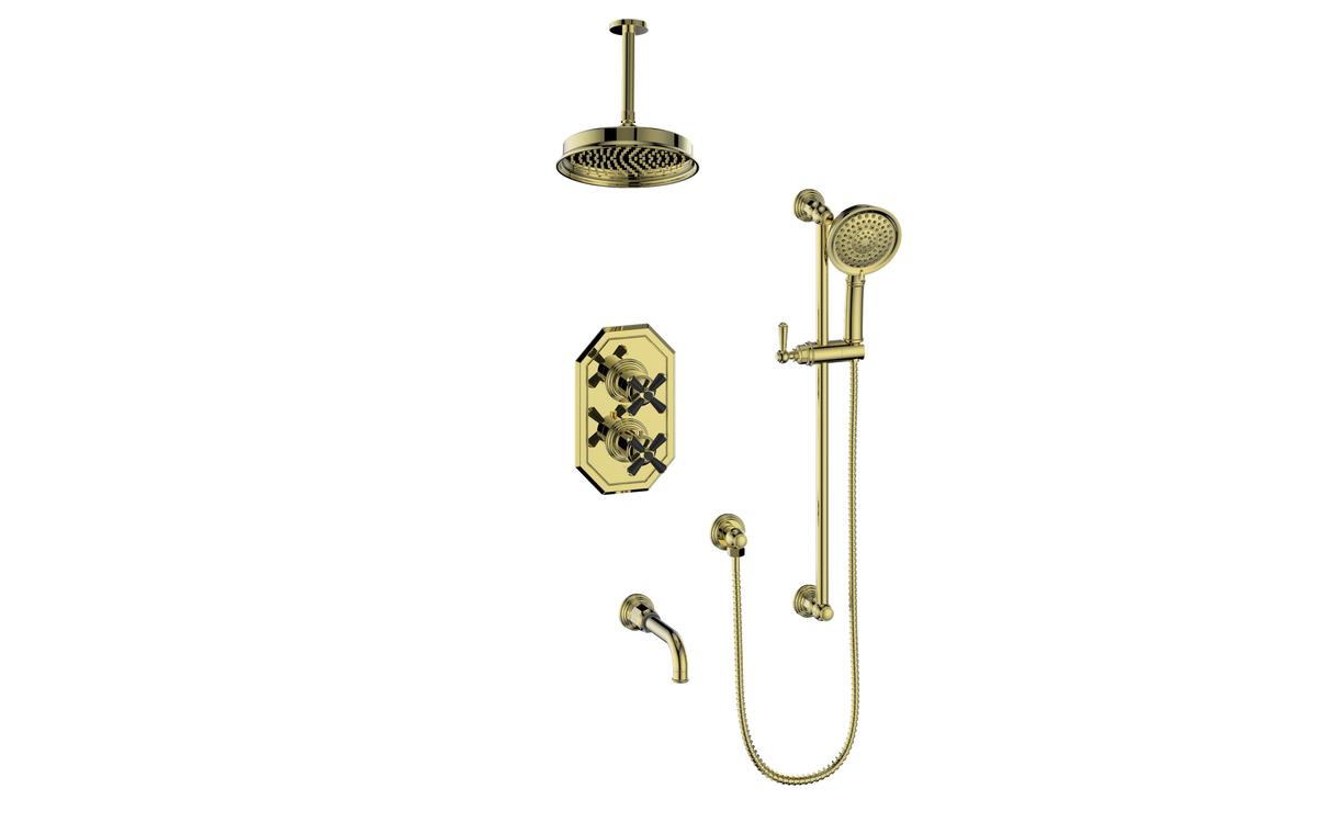 Vogt Carinthia 3-Way TH Shower Kit with 6" Ceiling Arm - Cross Handle (C3) / Brushed Gold/Matte Black