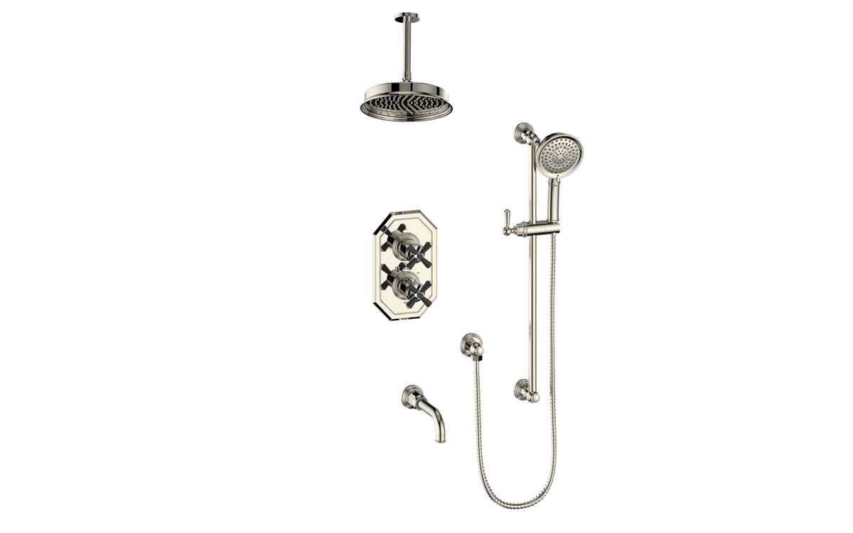 Vogt Carinthia 3-Way TH Shower Kit with 6" Ceiling Arm - Cross Handle (C3) / Polished Nickel/Matte Black