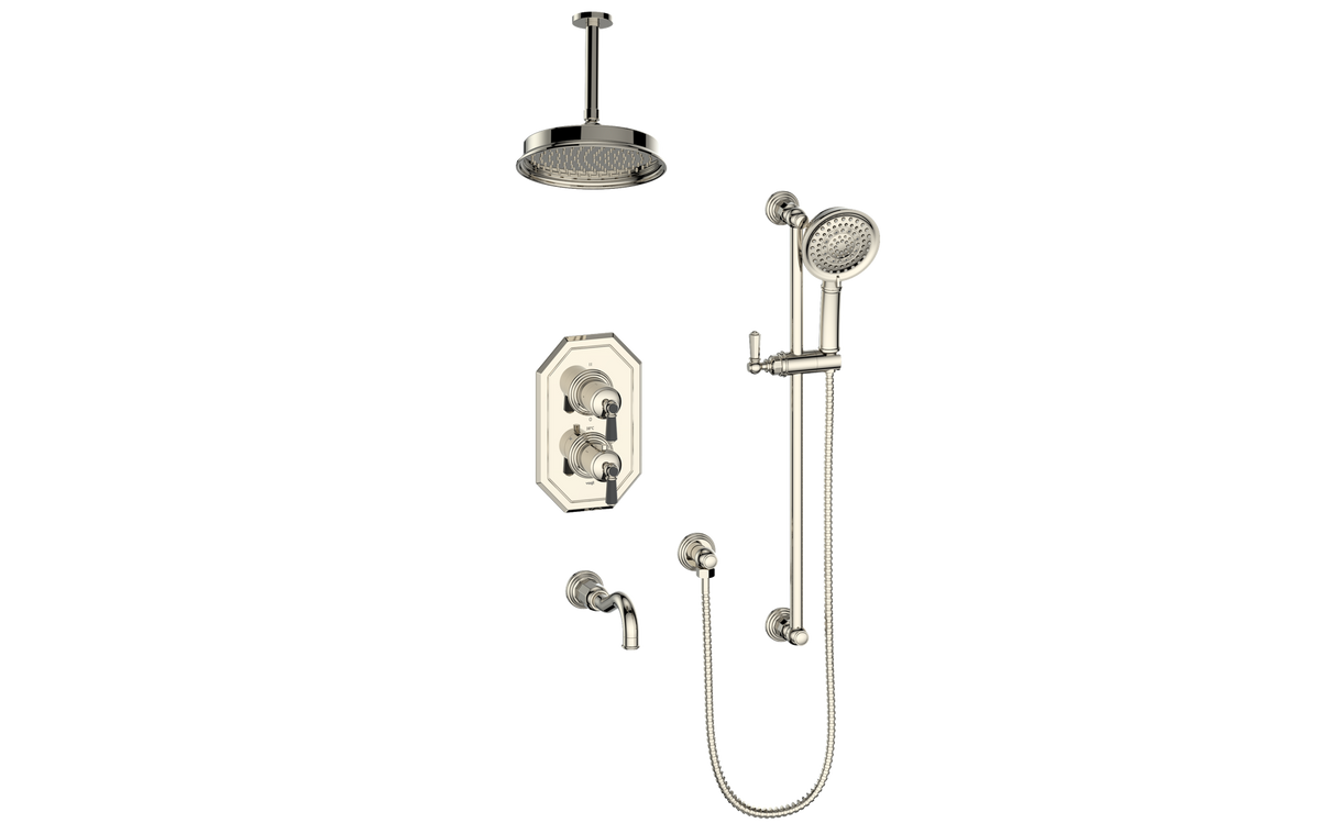 Vogt Carinthia 3-Way TH Shower Kit with 6" Ceiling Arm - Octagonal Handle (C2) / Polished Nickel/Matte Black