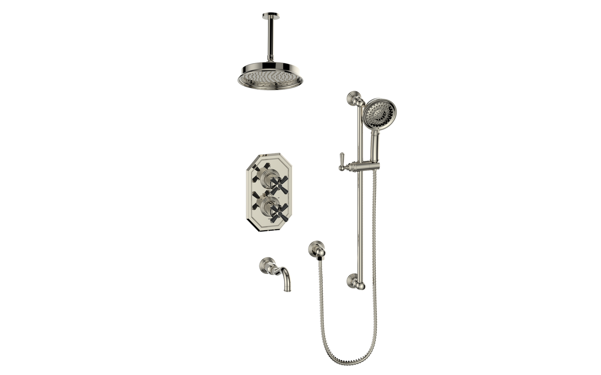 Vogt Carinthia 3-Way TH Shower Kit with 6" Ceiling Arm - Cross Handle (C3) / Polished Nickel/Matte Black