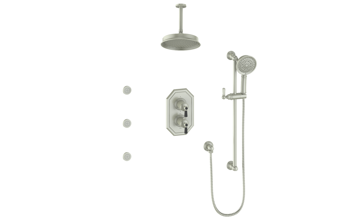 Vogt Carinthia 3-Way TH Shower Kit with Body Jets and 6" Ceiling Arm - Octagonal Handle (C2) / Brushed Nickel/Matte Black