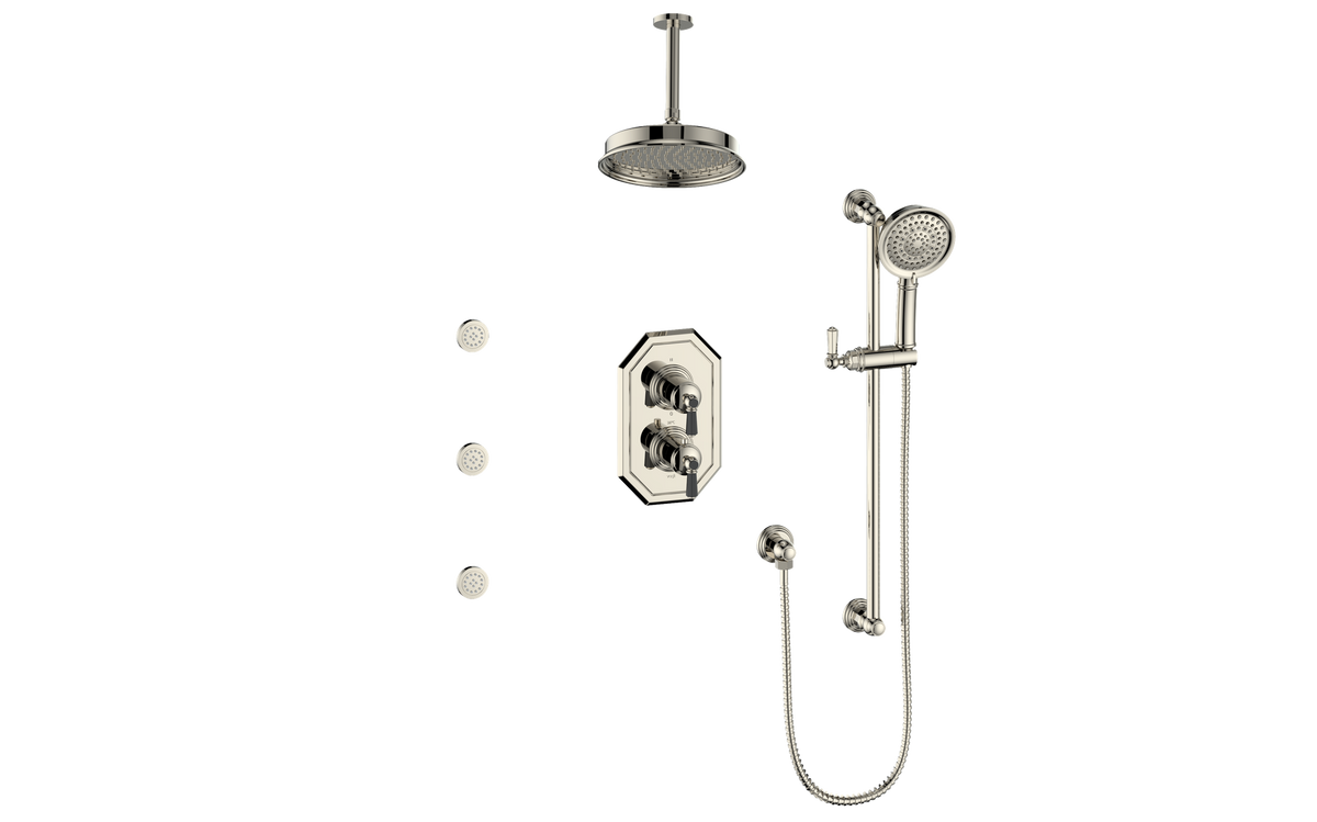 Vogt Carinthia 3-Way TH Shower Kit with Body Jets and 6" Ceiling Arm - Octagonal Handle (C2) / Polished Nickel/Matte Black