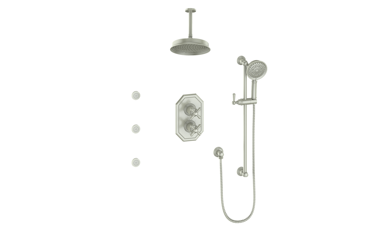 Vogt Carinthia 3-Way TH Shower Kit with Body Jets and 6" Ceiling Arm - Cross Handle (C3) / Brushed Nickel