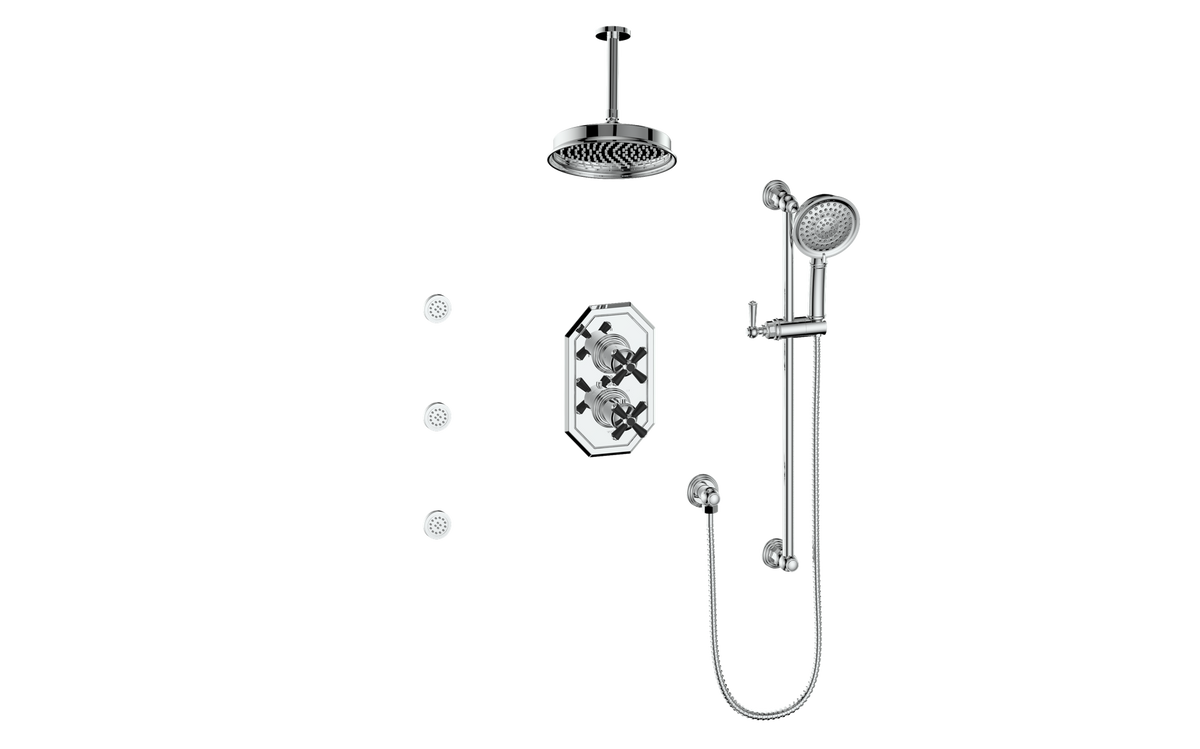 Vogt Carinthia 3-Way TH Shower Kit with Body Jets and 6" Ceiling Arm - Cross Handle (C3) / Chrome/Matte Black