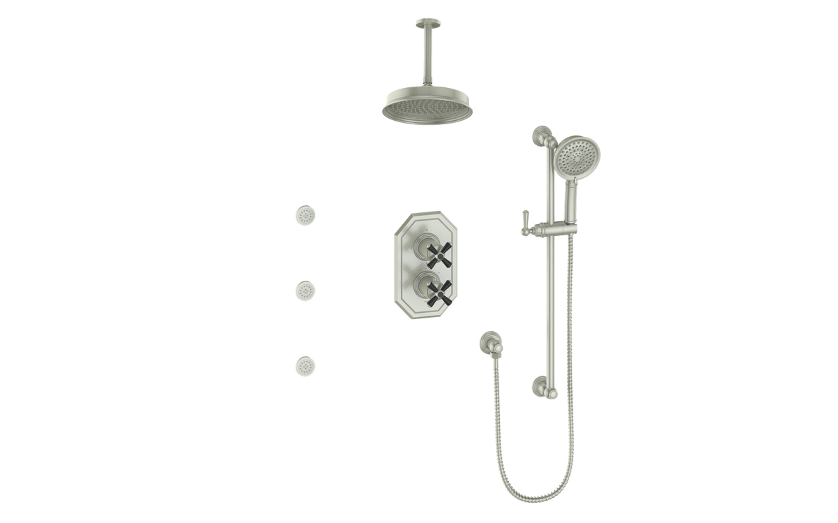 Vogt Carinthia 3-Way TH Shower Kit with Body Jets and 6" Ceiling Arm - Cross Handle (C3) / Brushed Nickel/Matte Black