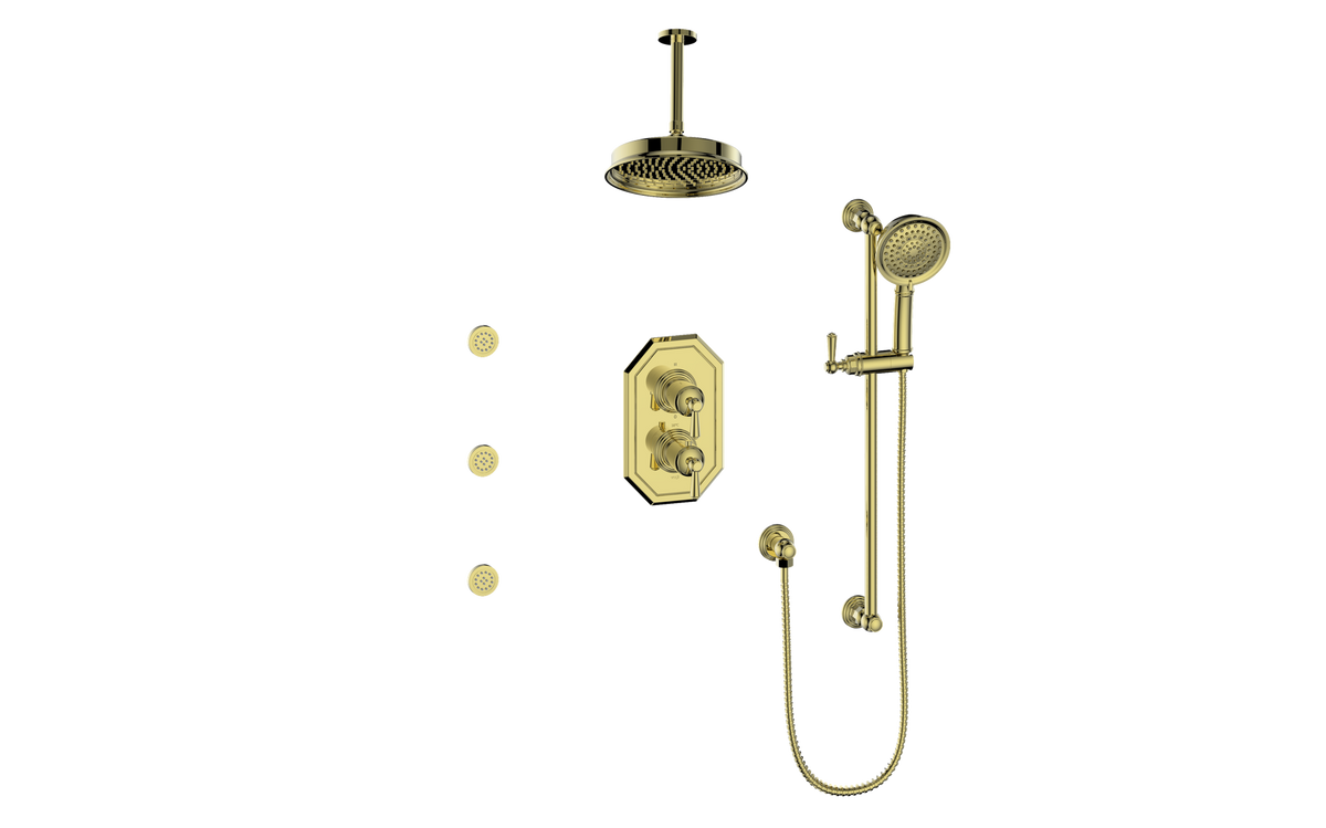 Vogt Carinthia 3-Way TH Shower Kit with Body Jets and 6" Ceiling Arm - Lever Handle (C1) / Brushed Gold