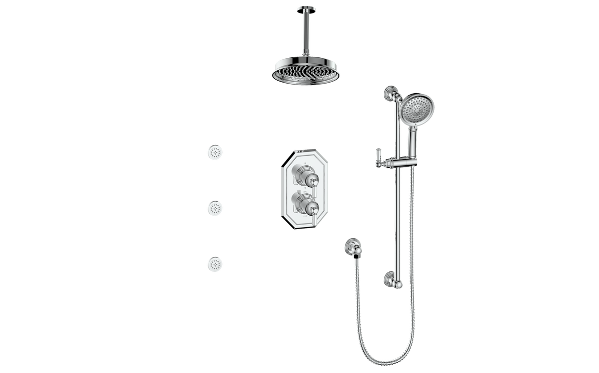 Vogt Carinthia 3-Way TH Shower Kit with Body Jets and 6" Ceiling Arm - Octagonal Handle (C2) / Chrome