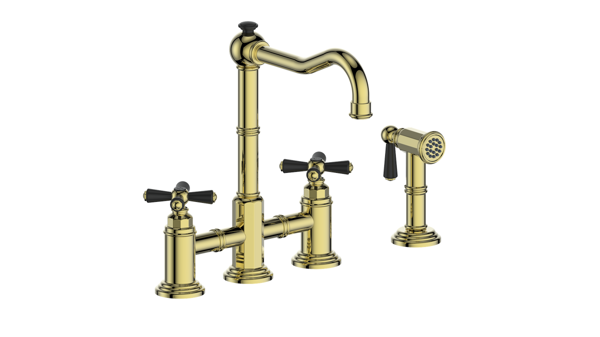 Vogt Carinthia Bridge Kitchen Faucet with Side Spray - Cross Handle (C3) / Brushed Gold/Matte Black