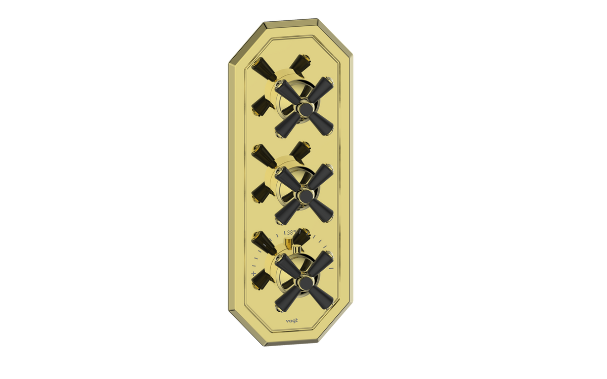 Vogt Carinthia Trim for 3/4" High-Flow TH Valve with 2 Stops - Cross Handle (C3) / Brushed Gold/Matte Black