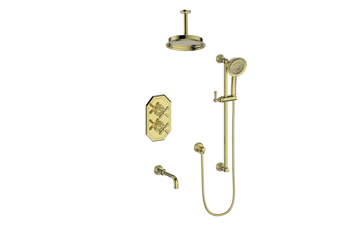 Vogt Carinthia Trim for 3-Way TH Shower Kit with 6" Ceiling Arm - Cross Handle (C3) / Brushed Gold