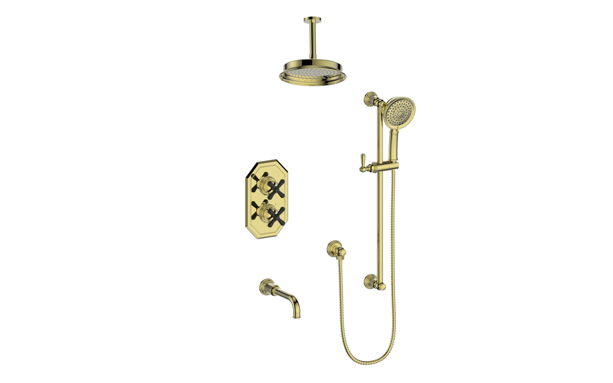 Vogt Carinthia Trim for 3-Way TH Shower Kit with 6" Ceiling Arm - Cross Handle (C3) / Brushed Gold/Matte Black