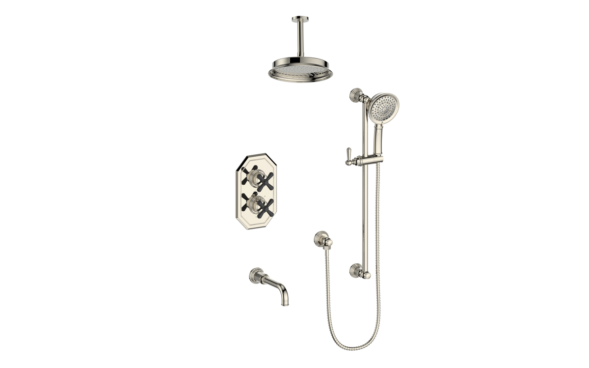 Vogt Carinthia Trim for 3-Way TH Shower Kit with 6" Ceiling Arm - Cross Handle (C3) / Polished Nickel/Matte Black