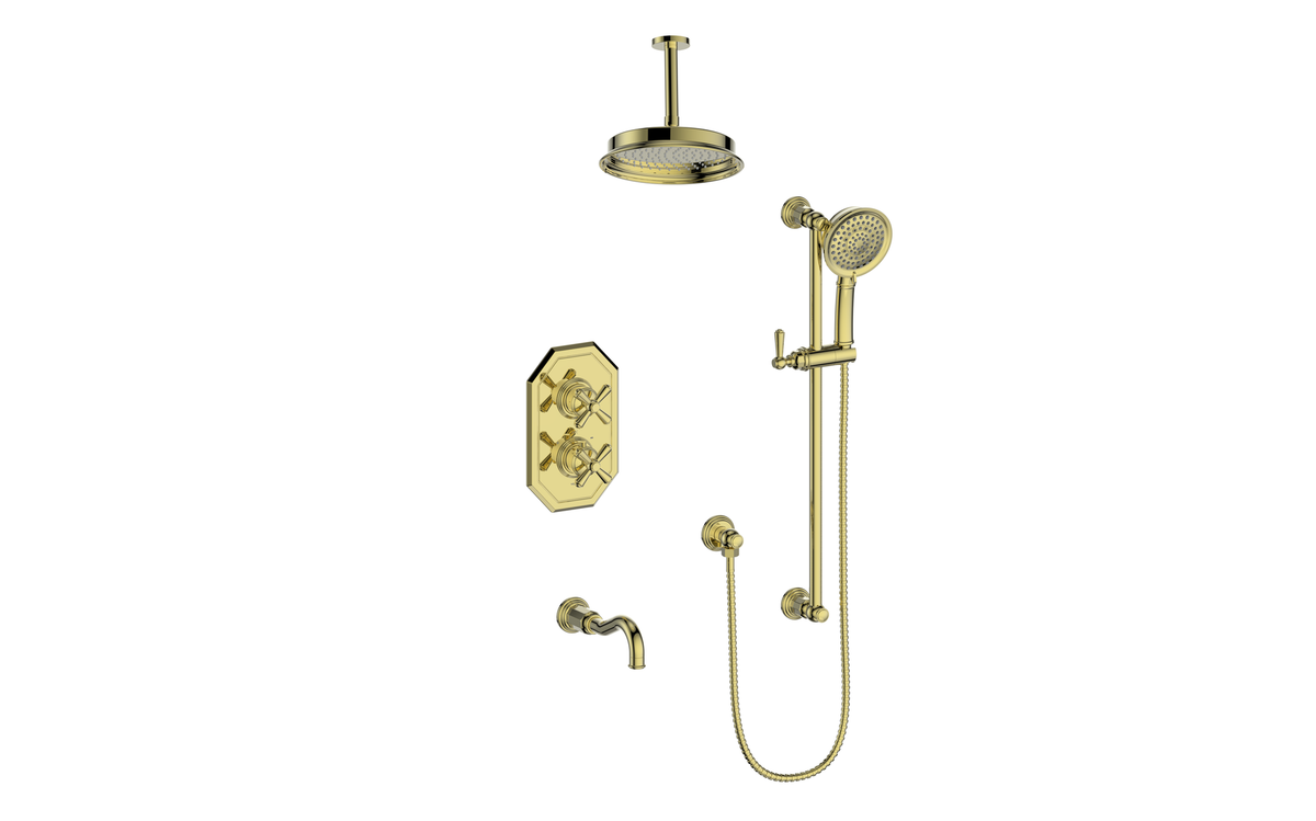 Vogt Carinthia Trim for 3-Way TH Shower Kit with 6" Ceiling Arm - Cross Handle (C3) / Brushed Gold