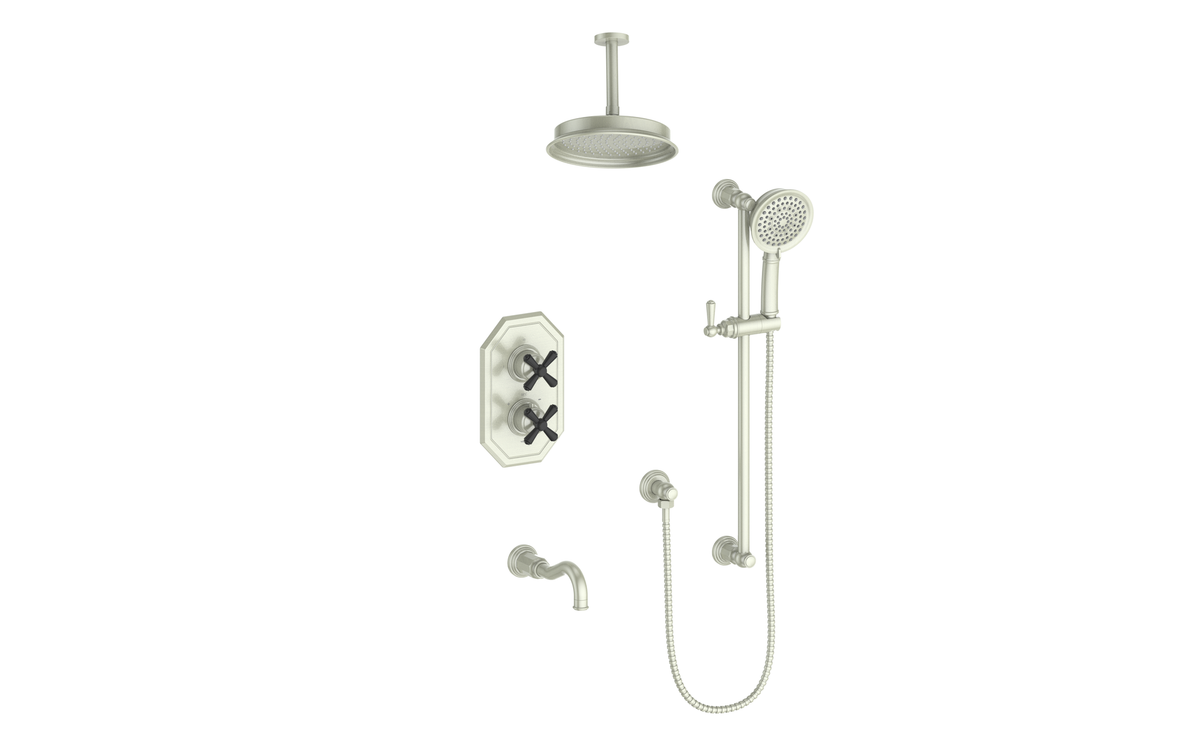 Vogt Carinthia Trim for 3-Way TH Shower Kit with 6" Ceiling Arm - Cross Handle (C3) / Brushed Nickel/Matte Black